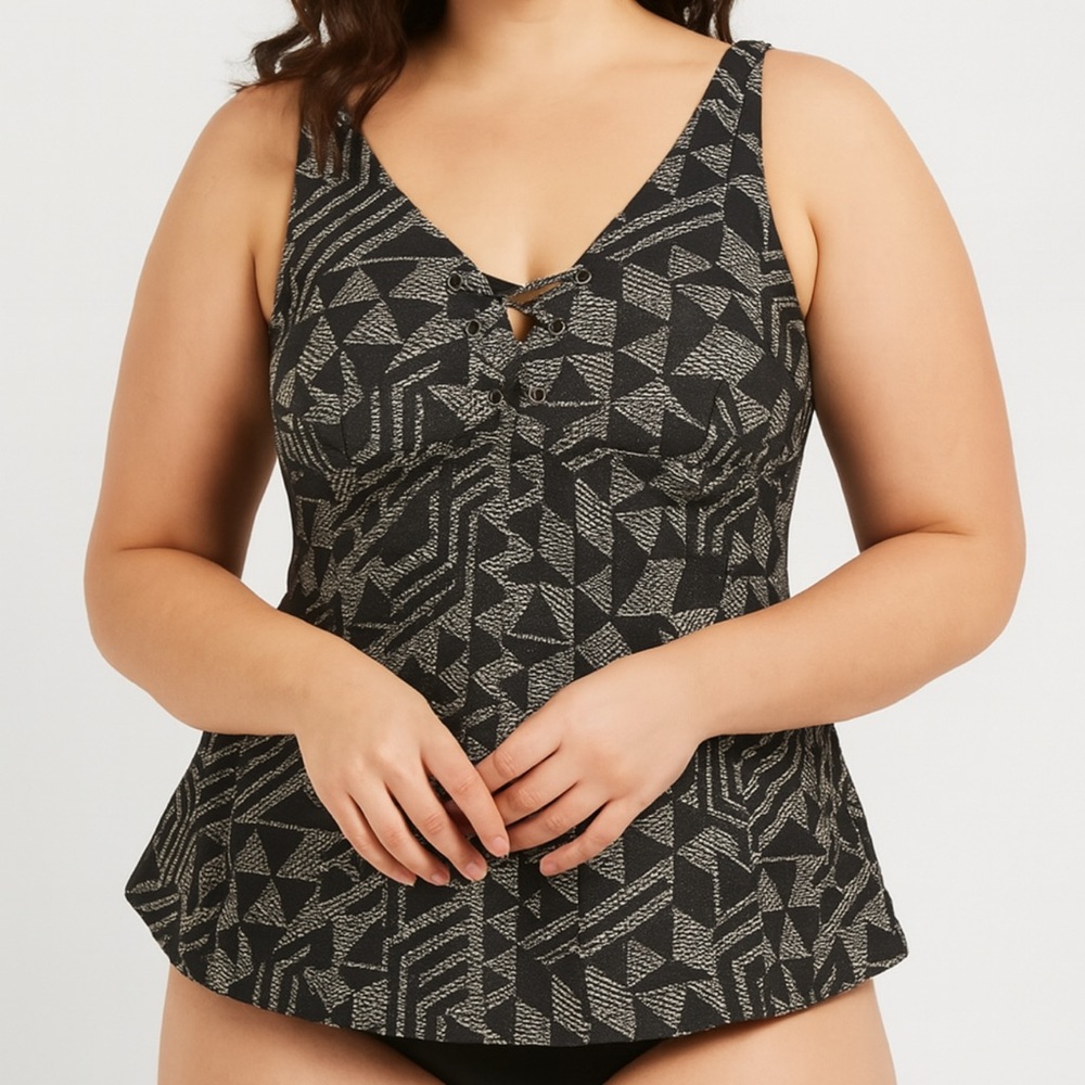 City Chic Abstract‎ Printed Black Lace up Structured Underwire Swim Top 14 xs